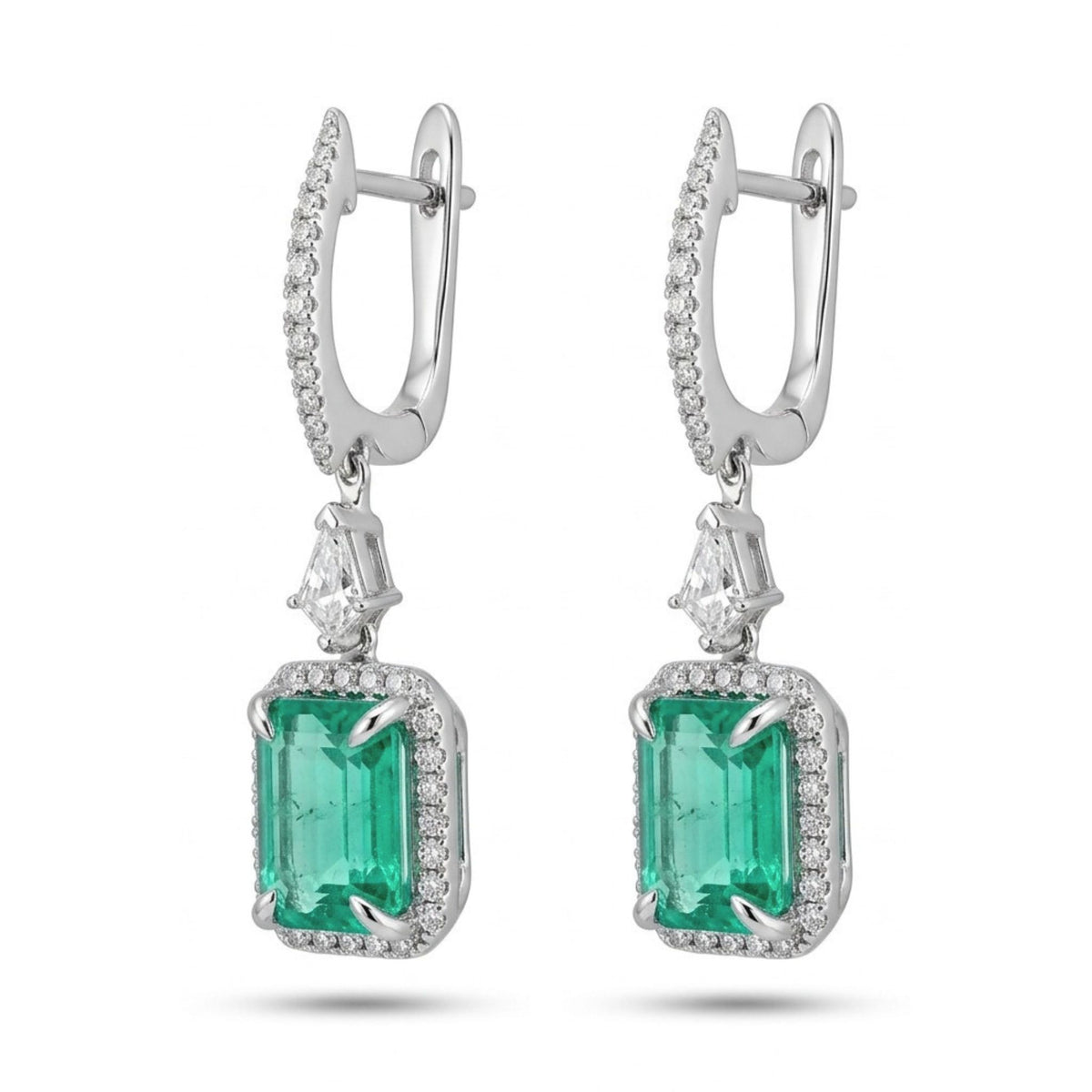 18K 3.36cttw Emerald Cut Colombian Emerald 0.65cttw VS White Diamonds Drop Earrings