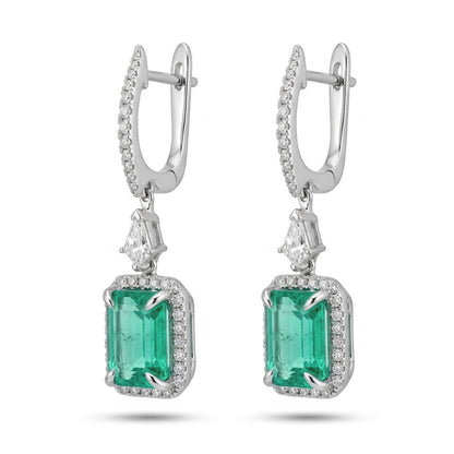 18K 3.36cttw Emerald Cut Colombian Emerald 0.65cttw VS White Diamonds Drop Earrings