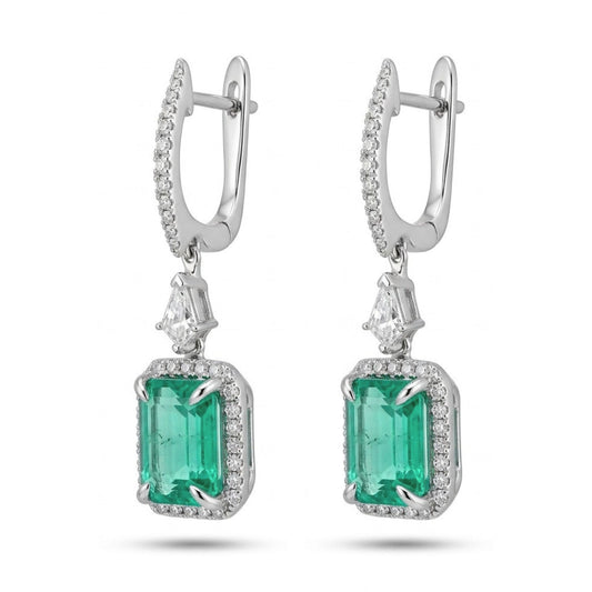 18K 3.36cttw Emerald Cut Colombian Emerald 0.65cttw VS White Diamonds Drop Earrings