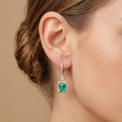 18K 3.36cttw Emerald Cut Colombian Emerald 0.65cttw VS White Diamonds Drop Earrings