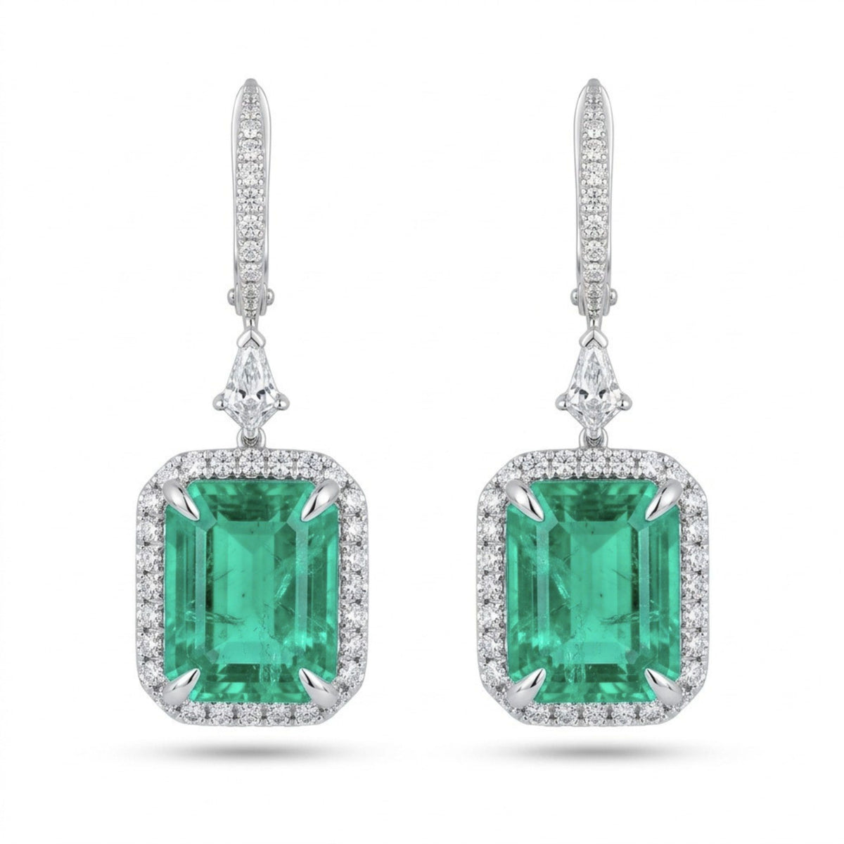 18K 3.36cttw Emerald Cut Colombian Emerald 0.65cttw VS White Diamonds Drop Earrings