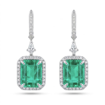 18K 3.36cttw Emerald Cut Colombian Emerald 0.65cttw VS White Diamonds Drop Earrings