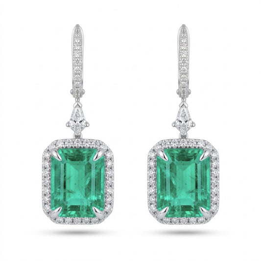 18K 3.36cttw Emerald Cut Colombian Emerald 0.65cttw VS White Diamonds Drop Earrings