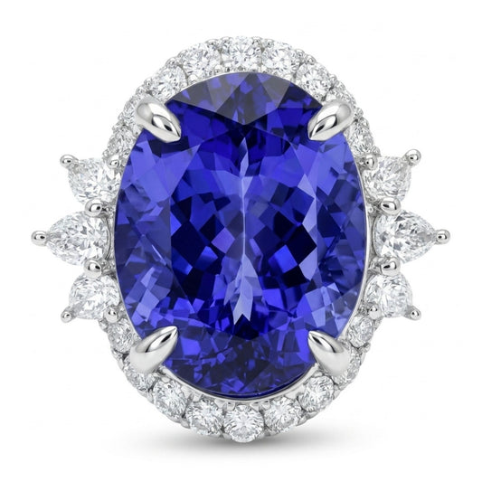 14K 9.15ct Oval Blue Wing Tanzanite 0.98ct VS White Diamonds Ring