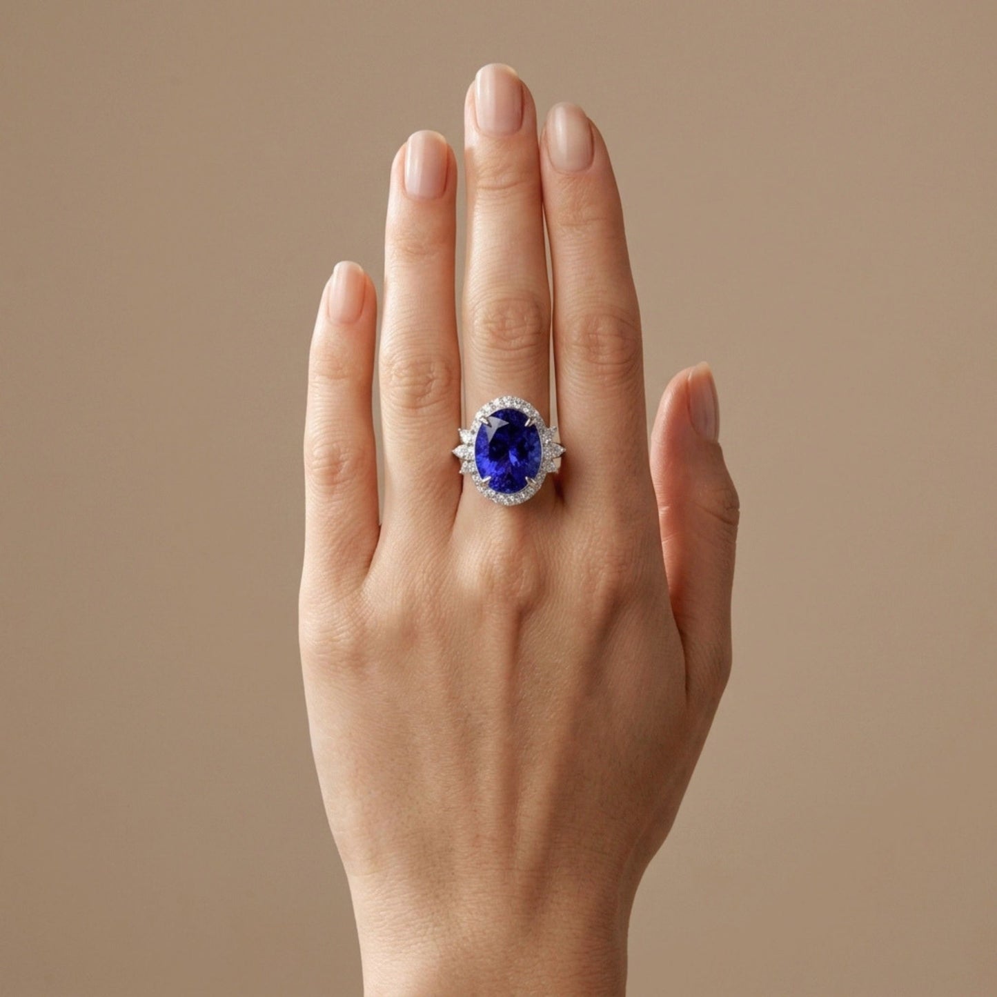 14K 9.15ct Oval Blue Wing Tanzanite 0.98ct VS White Diamonds Ring