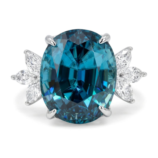 14K gold 7.52ct oval blue zircon ring with VS white diamonds