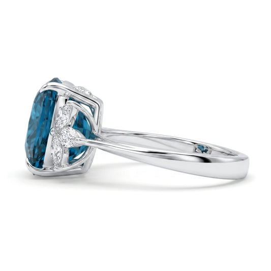 14K gold oval blue zircon ring with VS white diamonds