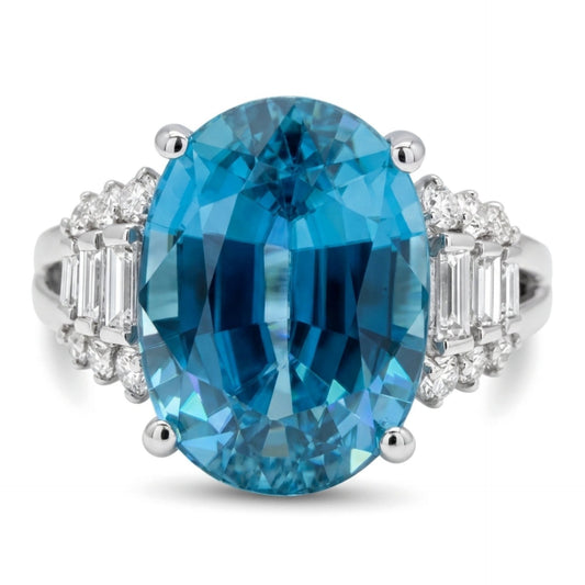 14K gold oval blue zircon ring with VS white diamonds