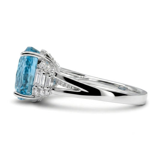 14K gold oval blue zircon ring with VS white diamonds