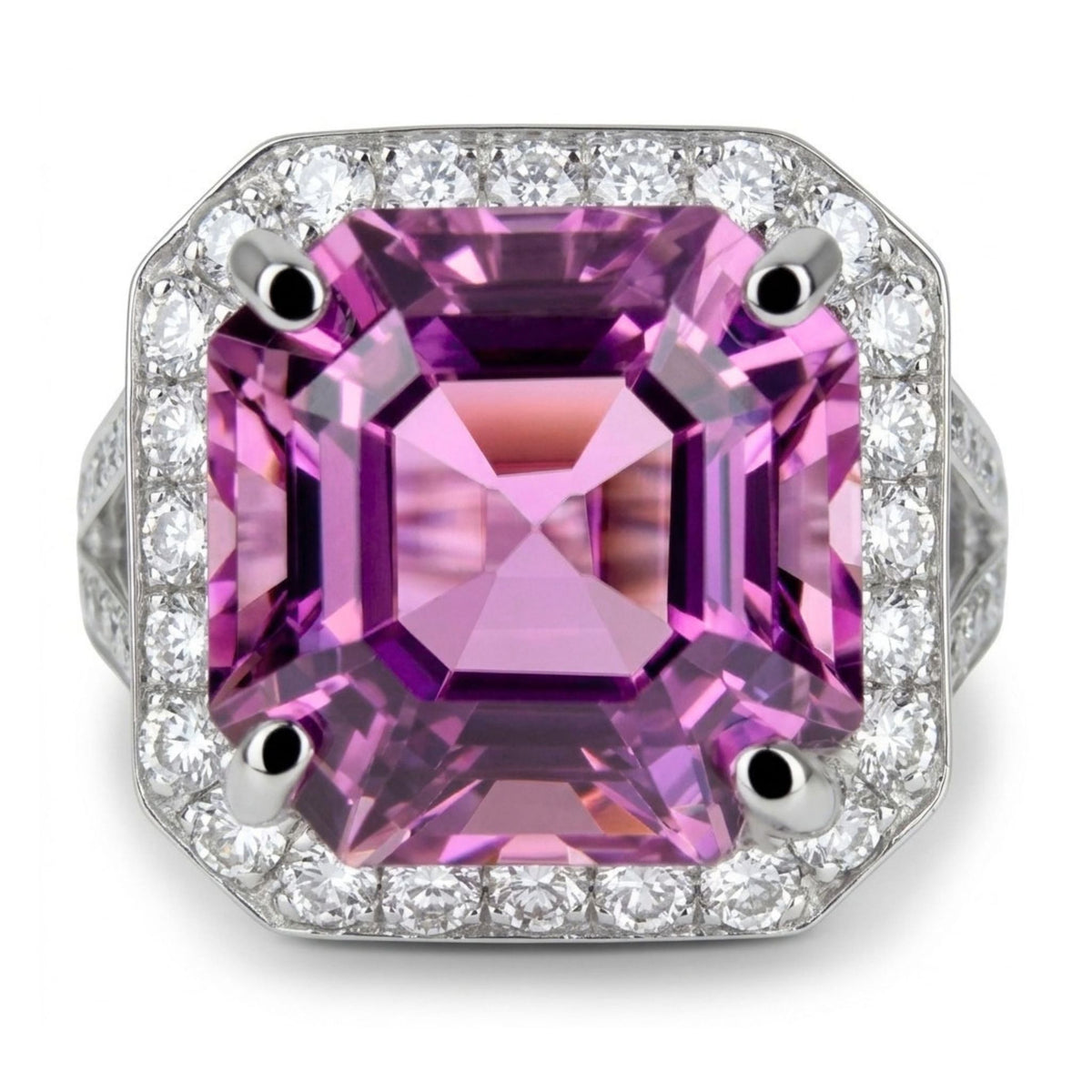 14K 8.03ct Asscher Cut Kunzite 0.98cttw VS White Diamond Ring