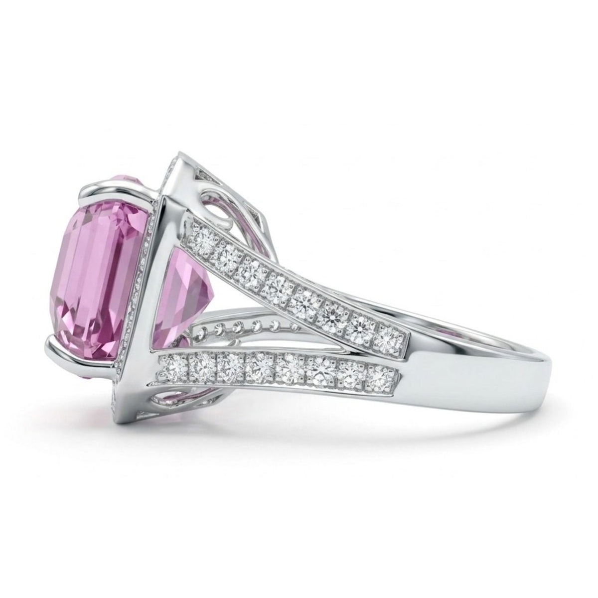 14K 8.03ct Asscher Cut Kunzite 0.98cttw VS White Diamond Ring