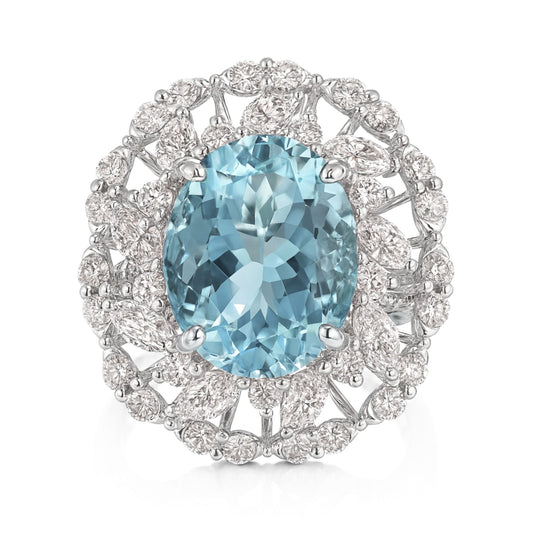 14K 4.10ct Oval Santa Maria Aquamarine 1.78cttw VS White Diamonds Ring