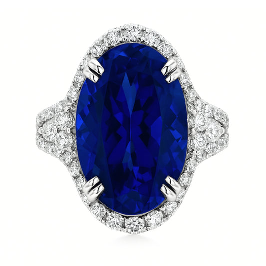 18K 13.18ct Oval Blue Wing Tanzanite 1.33cttw VS White Diamonds Ring