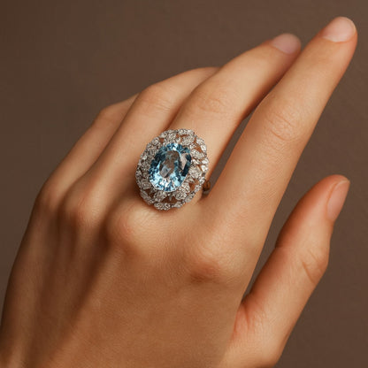 14K 4.10ct Oval Santa Maria Aquamarine 1.78cttw VS White Diamonds Ring