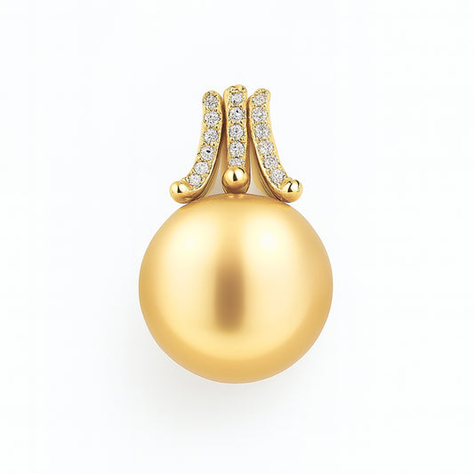18K 13.8mm South Sea Golden Pearl 0.16cttw White Diamonds Designer Pendant