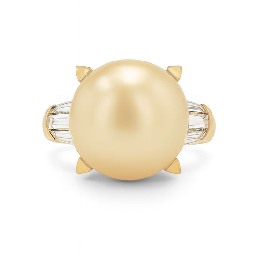 18K 13mm Round South Sea Golden Pearl 0.61cttw White Diamonds Designer Ring