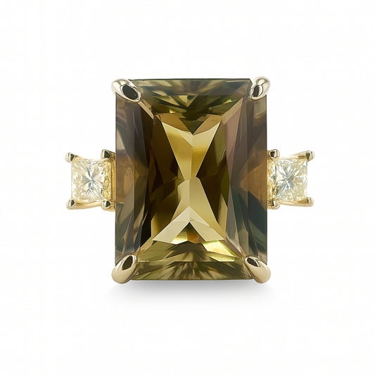 14K 14.20ct Radiant Cut Color Change Diaspore 0.63cttw Princess Cut White Diamond Ring