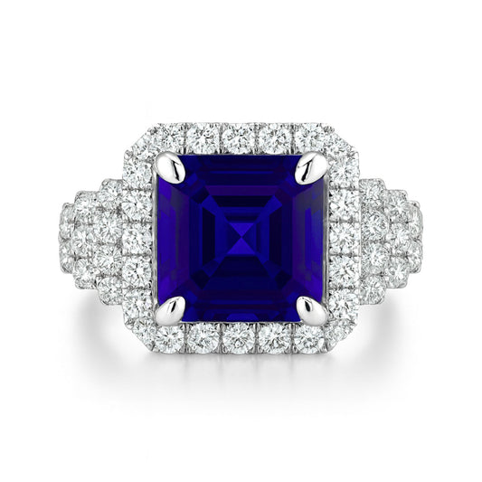 14K 6.22ct Asscher Cut Blue Wing Tanzanite 1.10cttw White Diamonds Ring