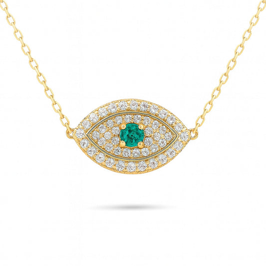 14K 0.15ct Round Colombian Emerald 0.53cttw VS White Diamonds Evil Eye Necklace