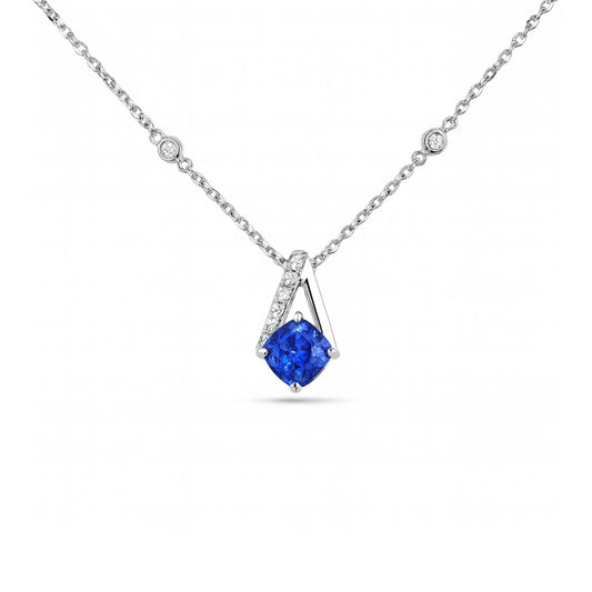 14K 0.30ct Cushion Blue Sapphire 0.06cttw VS White Diamonds Necklace