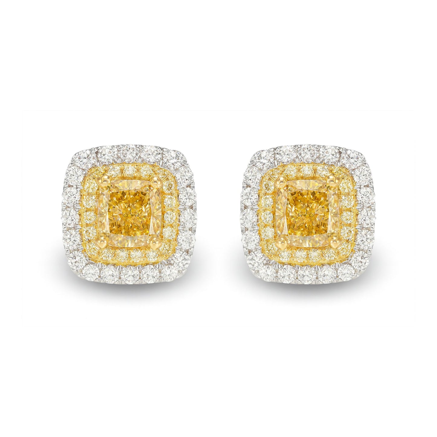 14K 0.67cttw Cushion Yellow Diamond 0.55cttw Yellow & White Diamond Stud Earrings