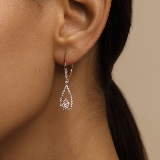 14K 0.70cttw Pear Shape Morganite 0.30cttw VS White Diamonds Drop Earrings