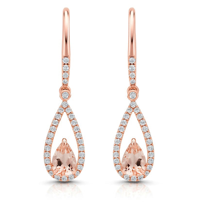 14K 0.70cttw Pear Shape Morganite 0.30cttw VS White Diamonds Drop Earrings
