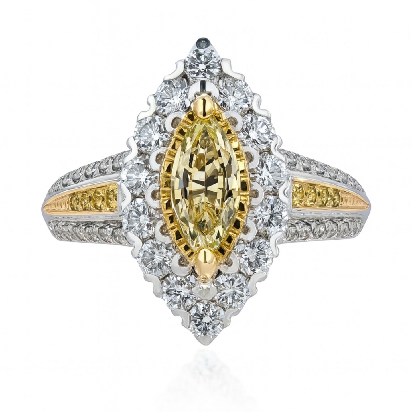 14K 0.78ct Marquise Unheated Yellow Sapphire 1.16cttw VS White & Yellow Diamonds Ring