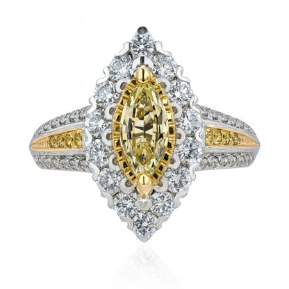 14K 0.78ct Marquise Unheated Yellow Sapphire 1.16cttw VS White & Yellow Diamonds Ring