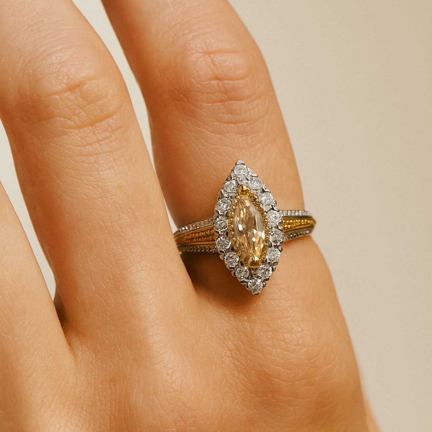 14K 0.78ct Marquise Unheated Yellow Sapphire 1.16cttw VS White & Yellow Diamonds Ring