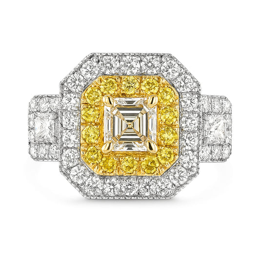 14K 1.00ct Asscher Cut VS Yellow Diamond 1.46cttw Yellow & White Diamonds Ring