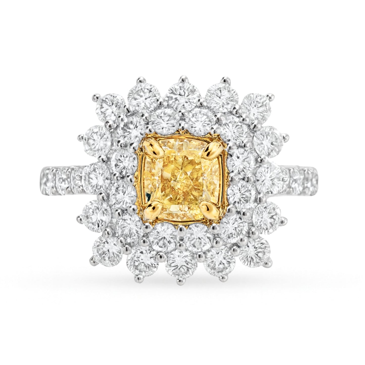 14K 1.00ct Cushion VS Yellow Diamond 1.96cttw VS White Diamonds Ring