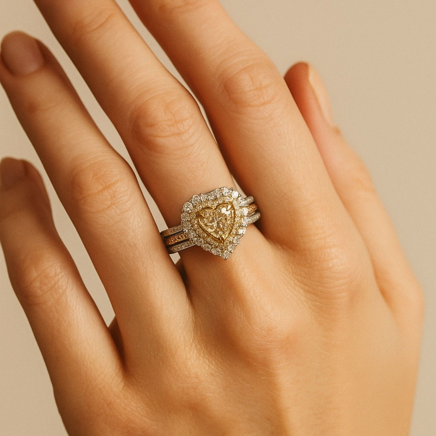 14K 1.00ct Heart Shape VS Yellow Diamond 0.70cttw VS Yellow & White Diamonds Ring