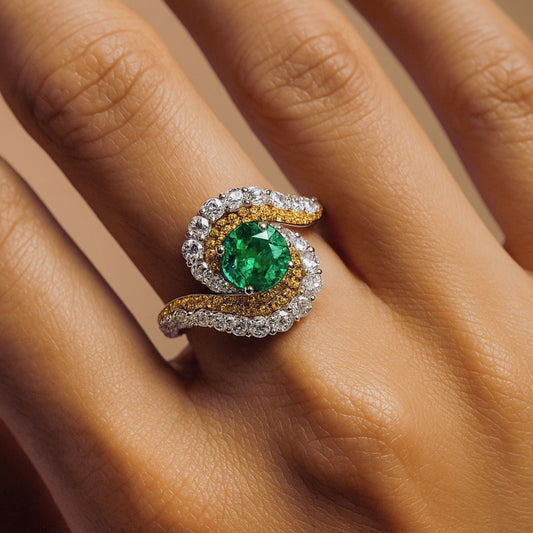 14K 1.00ct Round Colombian Emerald 1.63cttw Yellow & White Diamonds Ring