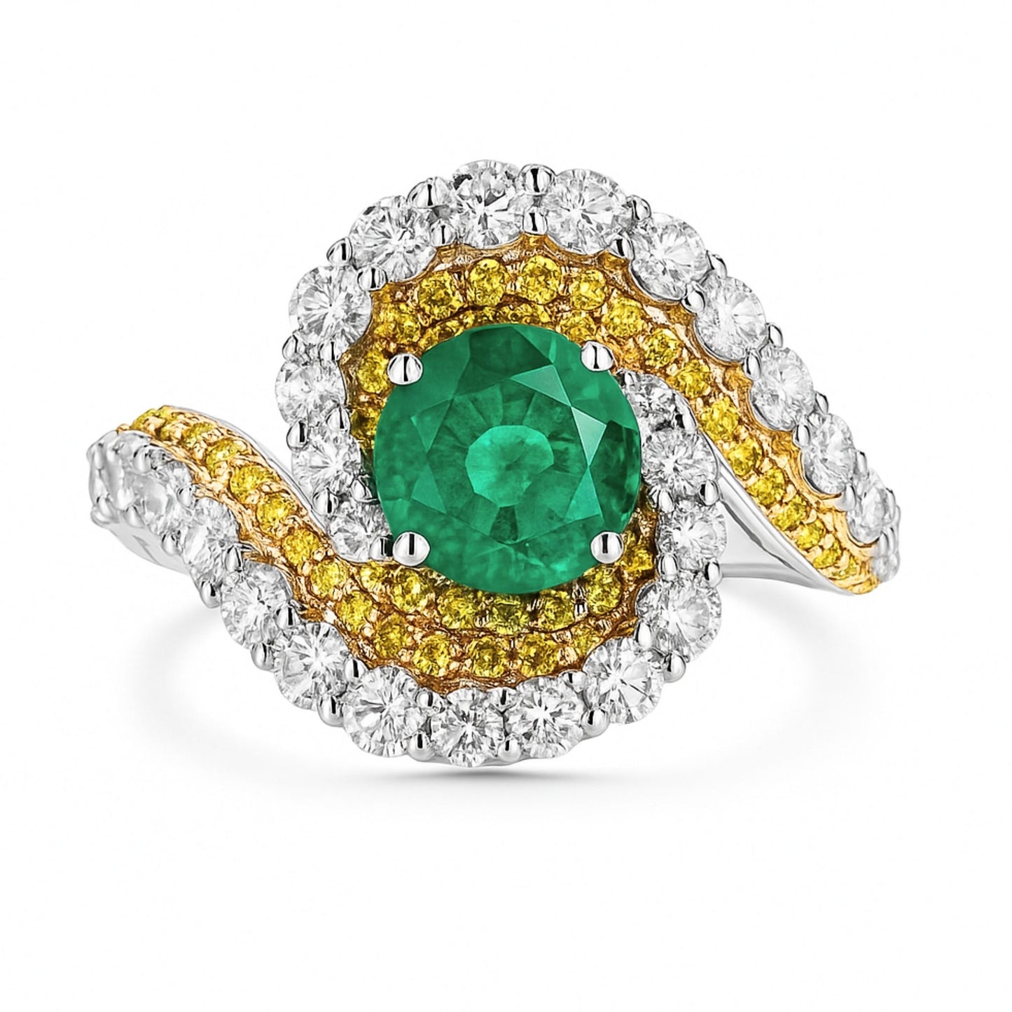 14K 1.00ct Round Colombian Emerald 1.63cttw Yellow & White Diamonds Ring