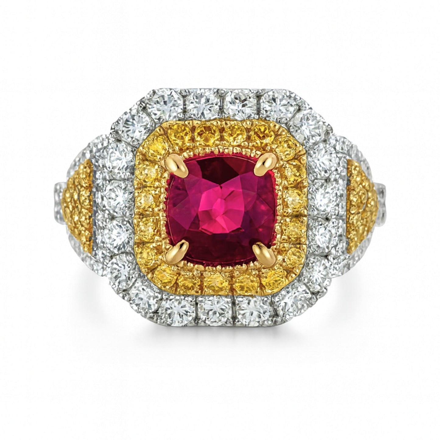 14K 1.09ct Round Burma Ruby 1.14cttw VS Yellow & White Diamonds Ring
