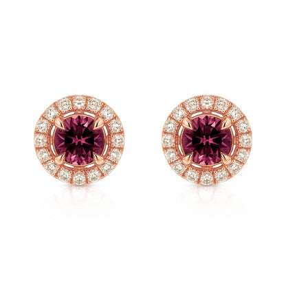 14K 1.12cttw Round Malaya Garnet 0.26cttw VS White Diamonds Stud Earrings