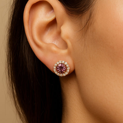 14K 1.12cttw Round Malaya Garnet 0.26cttw VS White Diamonds Stud Earrings