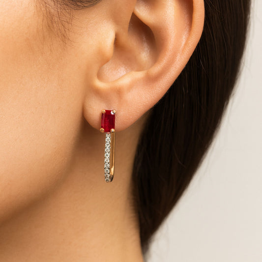 14K 1.16cttw Emerald Cut Burma Ruby 0.15cttw White Diamonds Earrings
