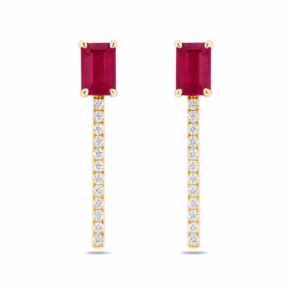 14K 1.16cttw Emerald Cut Burma Ruby 0.15cttw White Diamonds Earrings