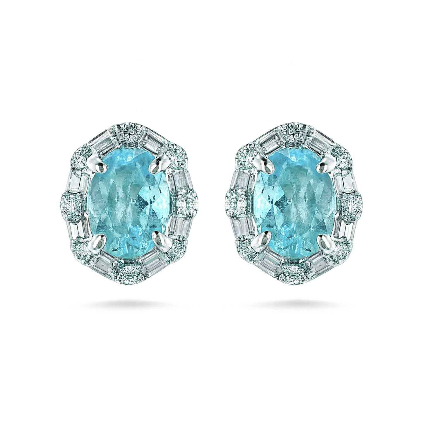 14K 1.26cttw Oval Paraiba 0.27cttw Baguette & Round VS White Diamond Stud Earrings