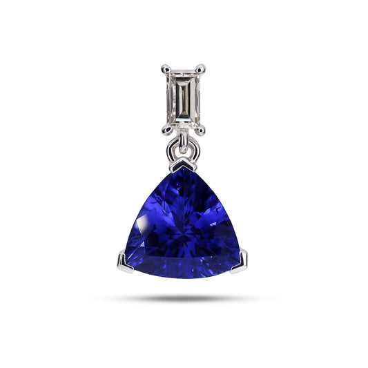 14K 1.54cttw Trilliant Blue Wing Tanzanite 0.14cttw Baguette VS White Diamond Pendant