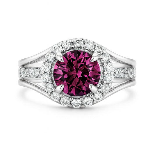 14K 1.60ct Round Malaya Garnet 0.67cttw VS White Diamonds Ring