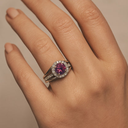 14K 1.60ct Round Malaya Garnet 0.67cttw VS White Diamonds Ring