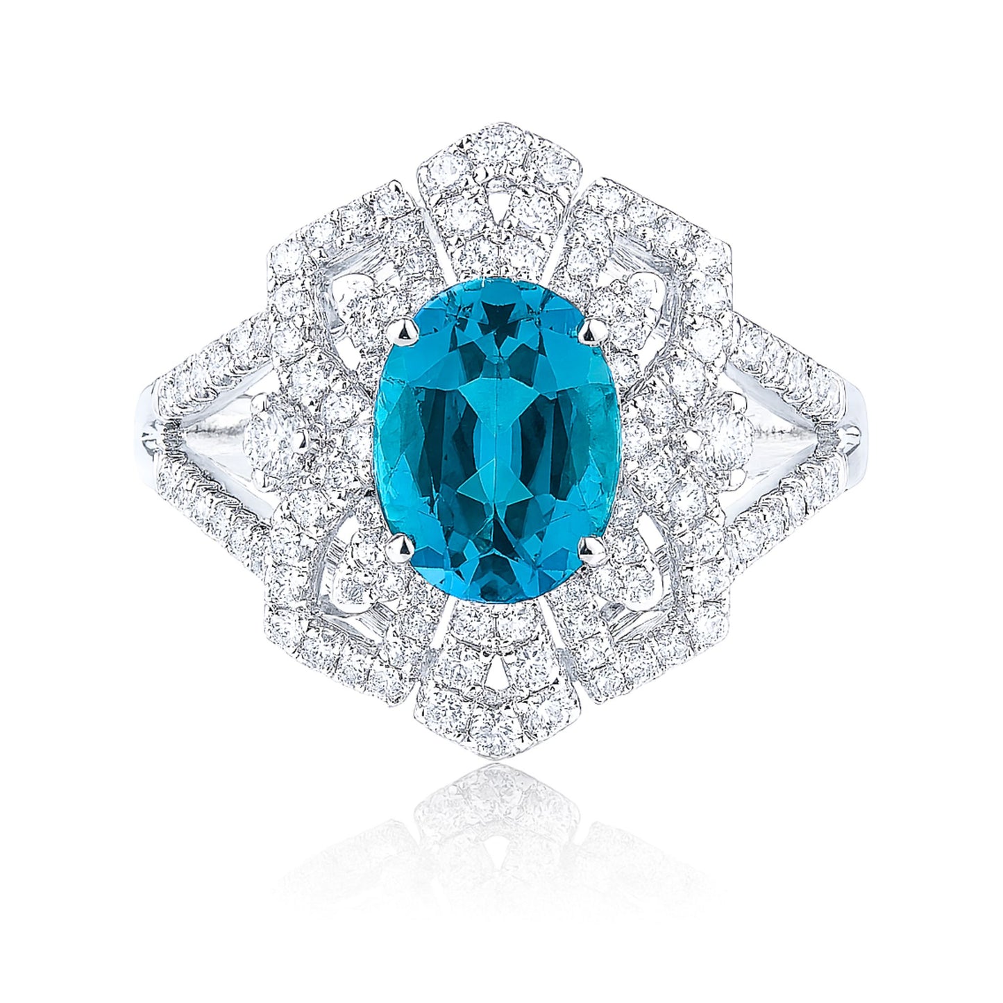 14K 1.60ct Oval Blue Zircon 0.59cttw VS White Diamonds Ring
