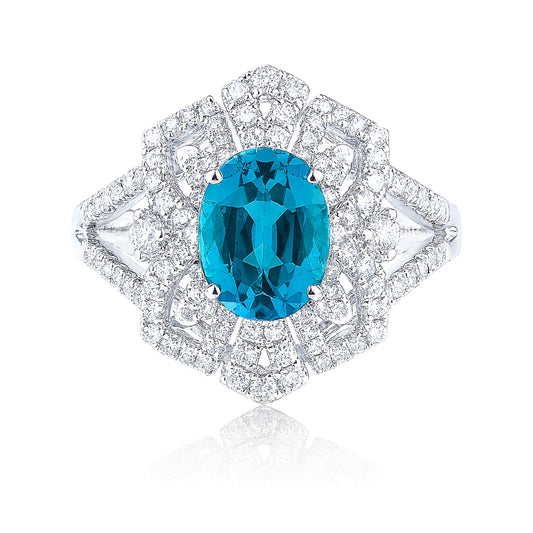 14K 1.60ct Oval Blue Zircon 0.59cttw VS White Diamonds Ring