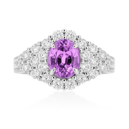 14K 1.67ct Oval Unheated Pink Sapphire 1.09cttw VS White Diamonds Ring
