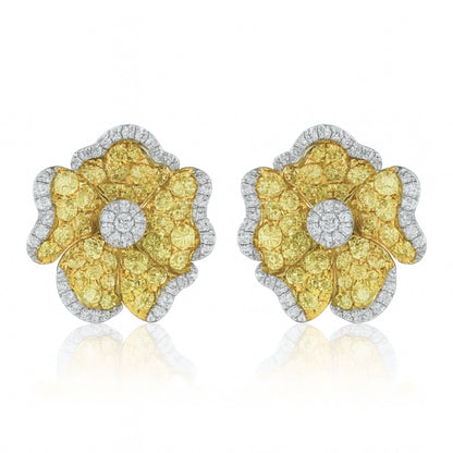 14K 2.05cttw Round Yellow & White Diamond Flower Stud Earrings