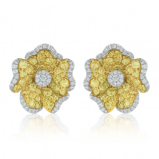 14K 2.05cttw Round Yellow & White Diamond Flower Stud Earrings