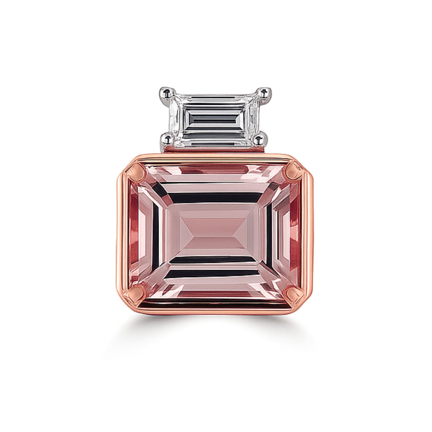 14K 1.82ct Emerald Cut Pink Morganite 0.19cttw Baguette VS White Diamond Pendant